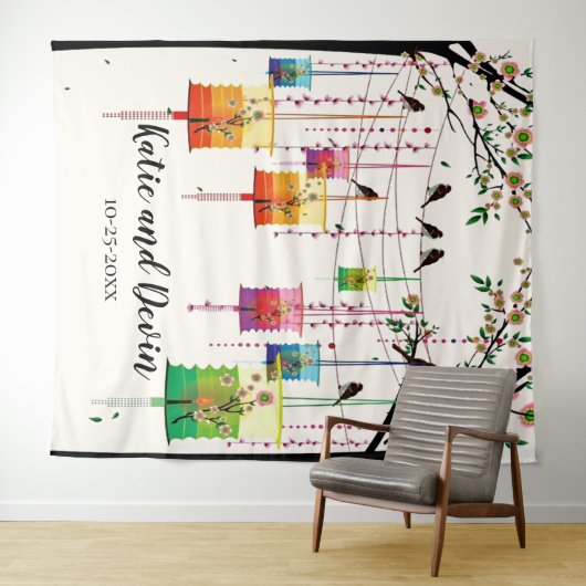 Kleurrijke Lampionnen Kersenbloesem Boom Vogels Br Wandkleed (In Situ (horizontaal))