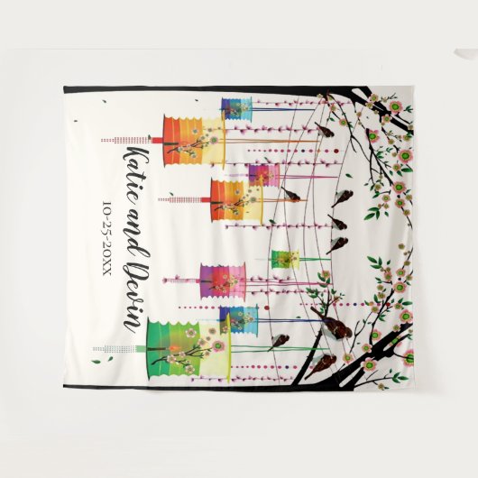 Kleurrijke Lampionnen Kersenbloesem Boom Vogels Br Wandkleed (Voorkant (horizontaal))