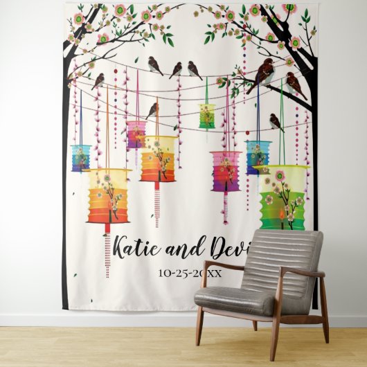 Kleurrijke Lampionnen Kersenbloesem Vogels Bruilof Wandkleed (In situ)