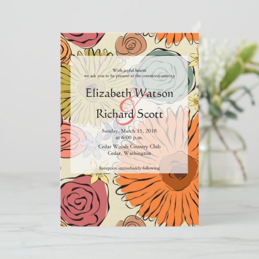 Kleurrijke land bloemen bladeren bruiloft uitnodig kaart (Staand voorkant)