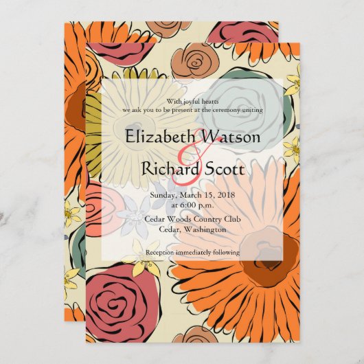Kleurrijke land bloemen bladeren bruiloft uitnodig kaart (Voorkant / Achterkant)