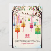 Kleurrijke Lantaarns Cherry Tree Birds Spring Wedd Kaart (Voorkant)