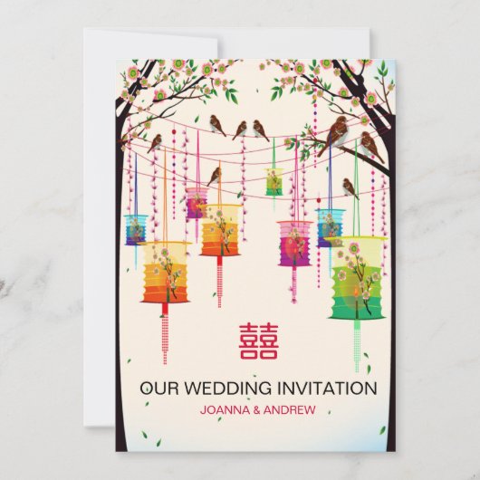 Kleurrijke Lantaarns Cherry Tree Birds Spring Wedd Kaart (Voorkant)