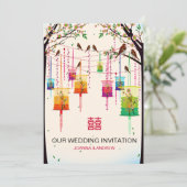 Kleurrijke Lantaarns Cherry Tree Birds Spring Wedd Kaart (Staand voorkant)