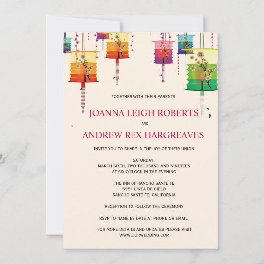 Kleurrijke Lantaarns Cherry Tree Birds Spring Wedd Kaart (Achterkant)