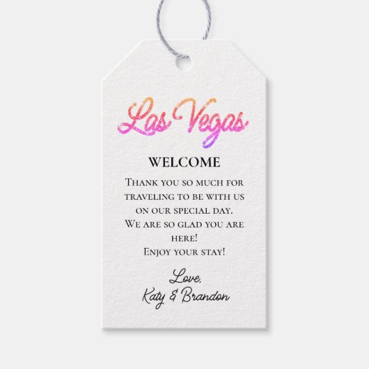 Kleurrijke Las Vegas Sparkles bruiloft Welkom Cadeaulabel (Voorkant)
