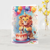 Kleurrijke leeuw vieren op feestje kaart (Gele Bloem)