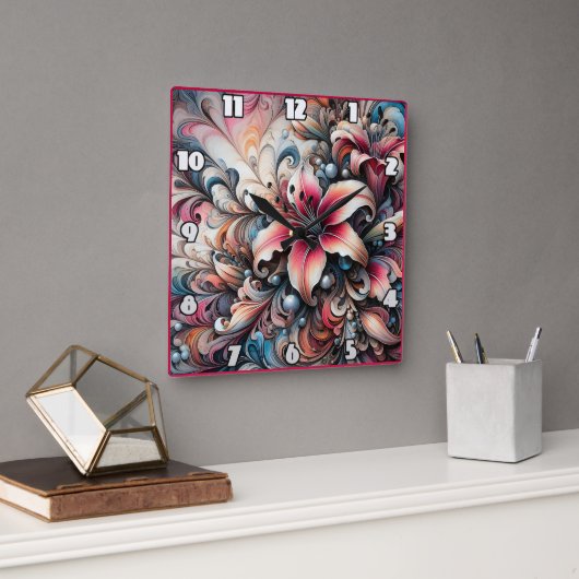 Kleurrijke lelie patronen met fractal ontwerp vierkante klok (Kantoor)