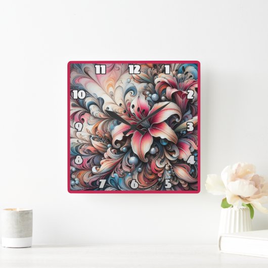 Kleurrijke lelie patronen met fractal ontwerp vierkante klok (Huis)