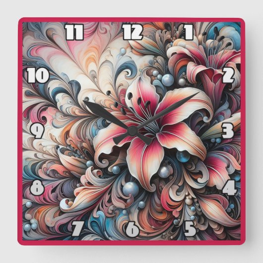 Kleurrijke lelie patronen met fractal ontwerp vierkante klok (Voorkant)