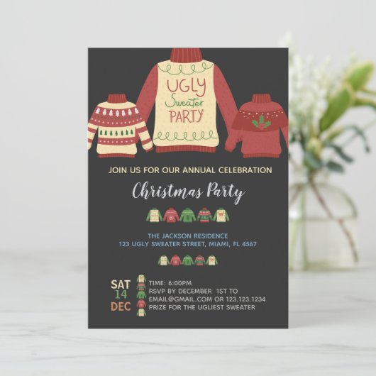 Kleurrijke lelijke trui kerstfeest uitnodiging (Staand voorkant)