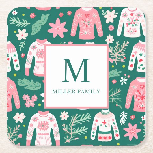 Kleurrijke Lelijke Trui Vakantie Monogram Kartonnen Onderzetters (Voorkant)