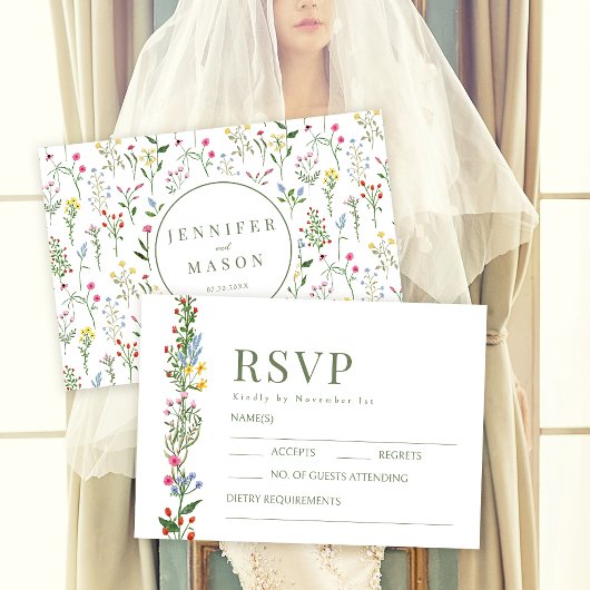 Kleurrijke lente bloem rustieke bruiloft RSVP kaar