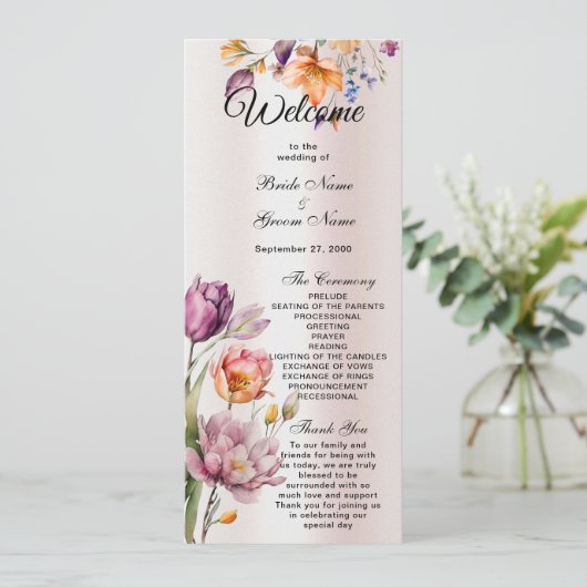 Kleurrijke lente bloemen bruiloft programma programmakaart (Staand voorkant)