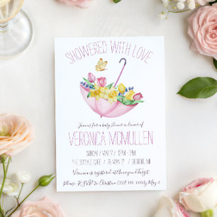 Kleurrijke lente bloemen en paraplu baby shower kaart