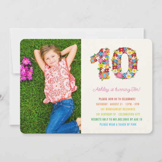 Kleurrijke Lente Bloemen Foto Meisje 10e Verjaarda Kaart (Voorkant)