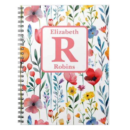 Kleurrijke lente bloemen gepersonaliseerd monogram notitieboek (Voorkant)