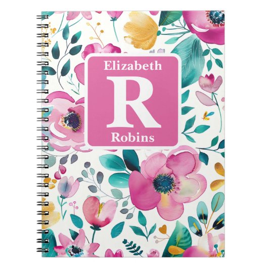 Kleurrijke lente bloemen gepersonaliseerd monogram notitieboek (Voorkant)