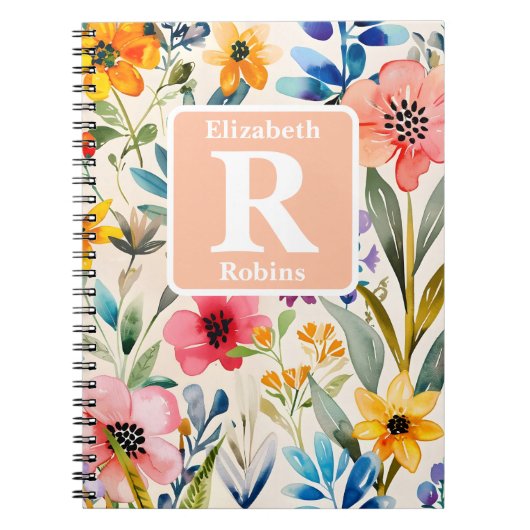 Kleurrijke lente bloemen gepersonaliseerd Monogram Notitieboek (Voorkant)