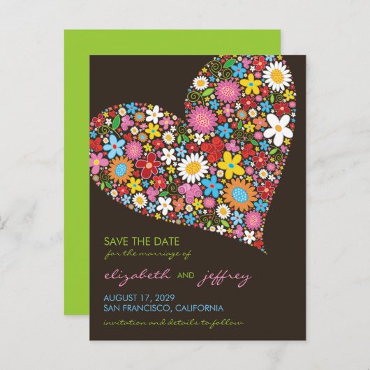 Kleurrijke Lente Bloemen Hart Liefde Save The Date Aankondigingskaart (Voorkant / Achterkant)