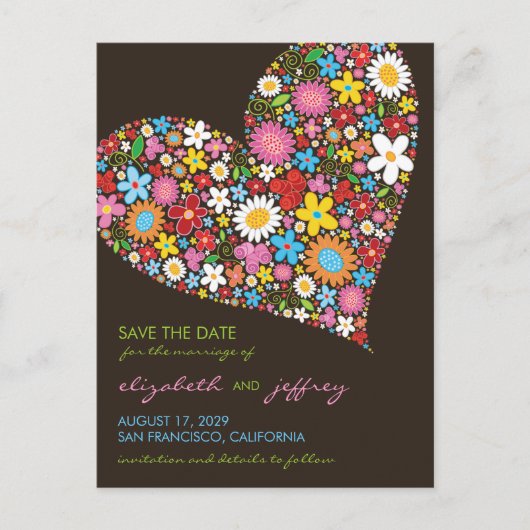 Kleurrijke Lente Bloemen Hart Liefde Save The Date Aankondigingskaart (Voorkant)