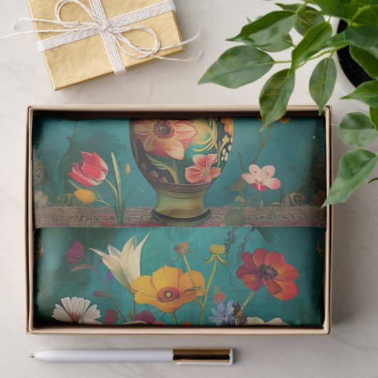 KLEURRIJKE LENTE BLOEMEN IN VAAS DECOUPAGE TISSUEPAPIER (Geschenk)