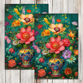 KLEURRIJKE LENTE BLOEMEN IN VAAS DECOUPAGE TISSUEPAPIER