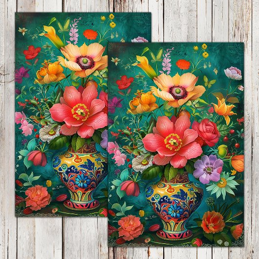 KLEURRIJKE LENTE BLOEMEN IN VAAS DECOUPAGE TISSUEPAPIER
