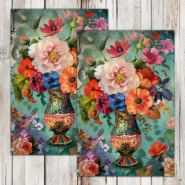 KLEURRIJKE LENTE BLOEMEN IN VAAS DECOUPAGE TISSUEPAPIER