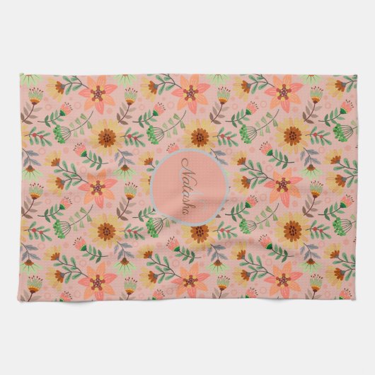 Kleurrijke Lente Bloemen Meisjesnaam Monogram Theedoek (Horizontaal)