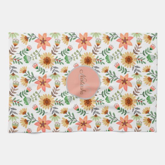 Kleurrijke Lente Bloemen Meisjesnaam Monogram Theedoek (Horizontaal)