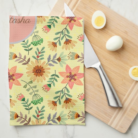 Kleurrijke lente bloemen meisjesnaam Monogram Theedoek (Quarter Fold)