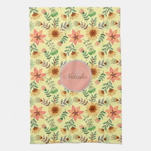 Kleurrijke lente bloemen meisjesnaam Monogram Theedoek (Verticaal)