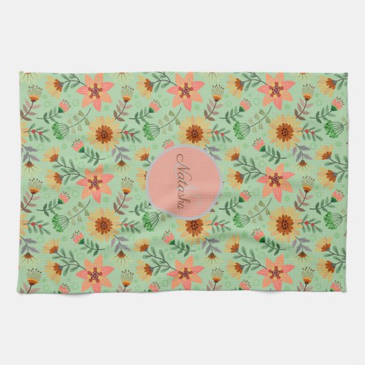Kleurrijke Lente Bloemen Meisjesnaam Monogram Theedoek (Horizontaal)