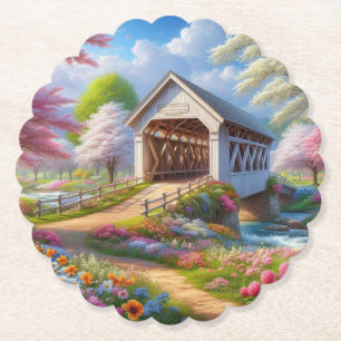 Kleurrijke lente / bloemen overdekte brug en rivie kartonnen onderzetters