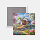 Kleurrijke lente / bloemen overdekte brug en rivie magneet (Voorkant / Achterkant)