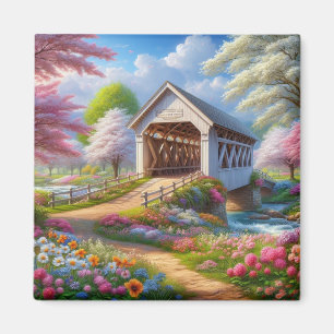Kleurrijke lente / bloemen overdekte brug en rivie magneet