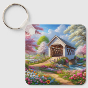 Kleurrijke lente / bloemen overdekte brug en rivie sleutelhanger