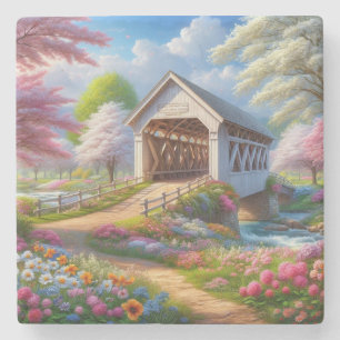 Kleurrijke lente / bloemen overdekte brug en rivie stenen onderzetter