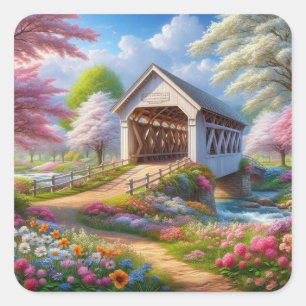 Kleurrijke lente / bloemen overdekte brug en rivie vierkante sticker