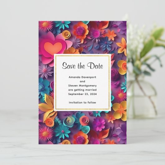Kleurrijke Lente Bloemen Patroon Bruiloft Save The Date (Staand voorkant)