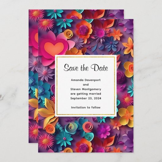Kleurrijke Lente Bloemen Patroon Bruiloft Save The Date (Voorkant / Achterkant)