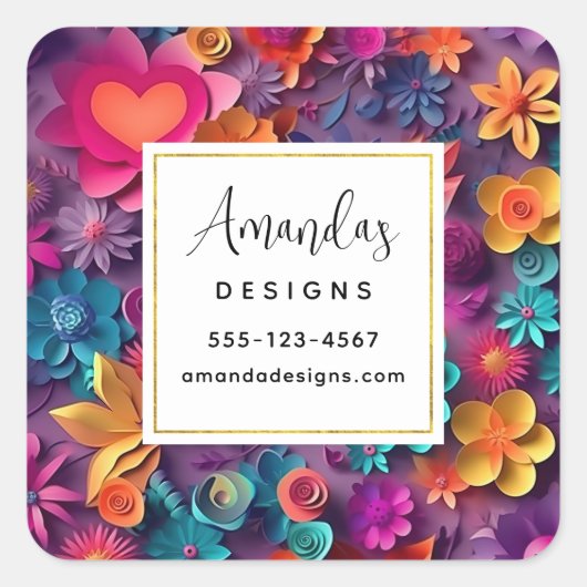Kleurrijke Lente Bloemen Patroon Business Vierkante Sticker (Voorkant)