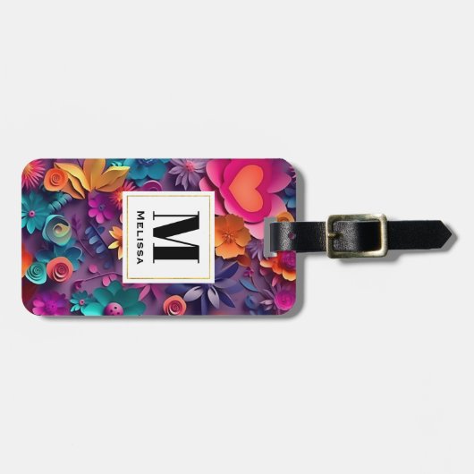 Kleurrijke Lente Bloemen Patroon Monogram Bagagelabel (Voorkant horizontaal)