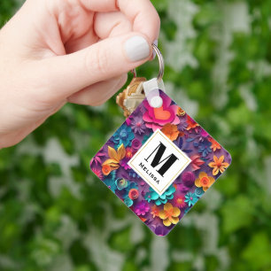 Kleurrijke Lente Bloemen Patroon Monogram Sleutelhanger