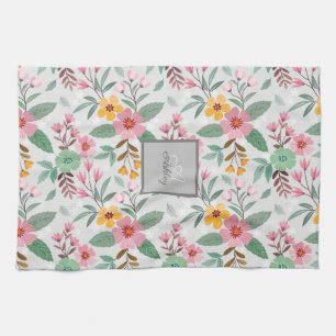 Kleurrijke Lente Bloemen Patroon Naam Monogram Theedoek