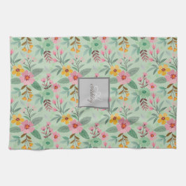 Kleurrijke Lente Bloemen Patroon Naam Monogram Theedoek