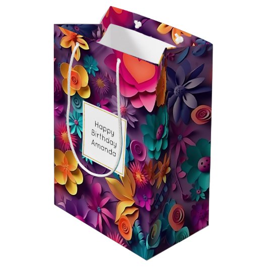 Kleurrijke lente bloemen patroon verjaardag medium cadeauzakje (Achterkant Gekanteld)