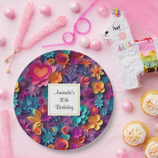Kleurrijke lente bloemen patroon verjaardag papieren bordje (Feest)
