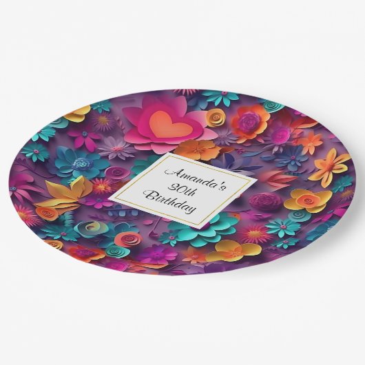Kleurrijke lente bloemen patroon verjaardag papieren bordje (Gekanteld)